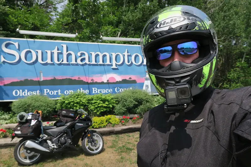The Southampton sign on Highway 6 North in Ontario on the way to Tobermory. I stopped to take this selfie on my motorcycle trip to the Bruce peninsula