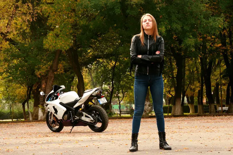 girl wearing leather motorcycle jacket