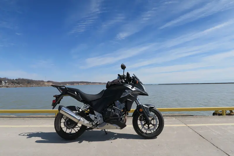 at the pier in port stanley on my motorcycle