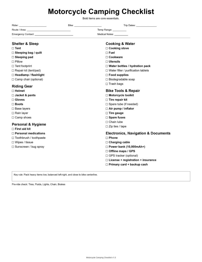 motorcycle camping checklist page 1 us letter